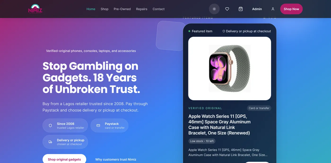 NimizGadgets storefront showing product listing and checkout UI