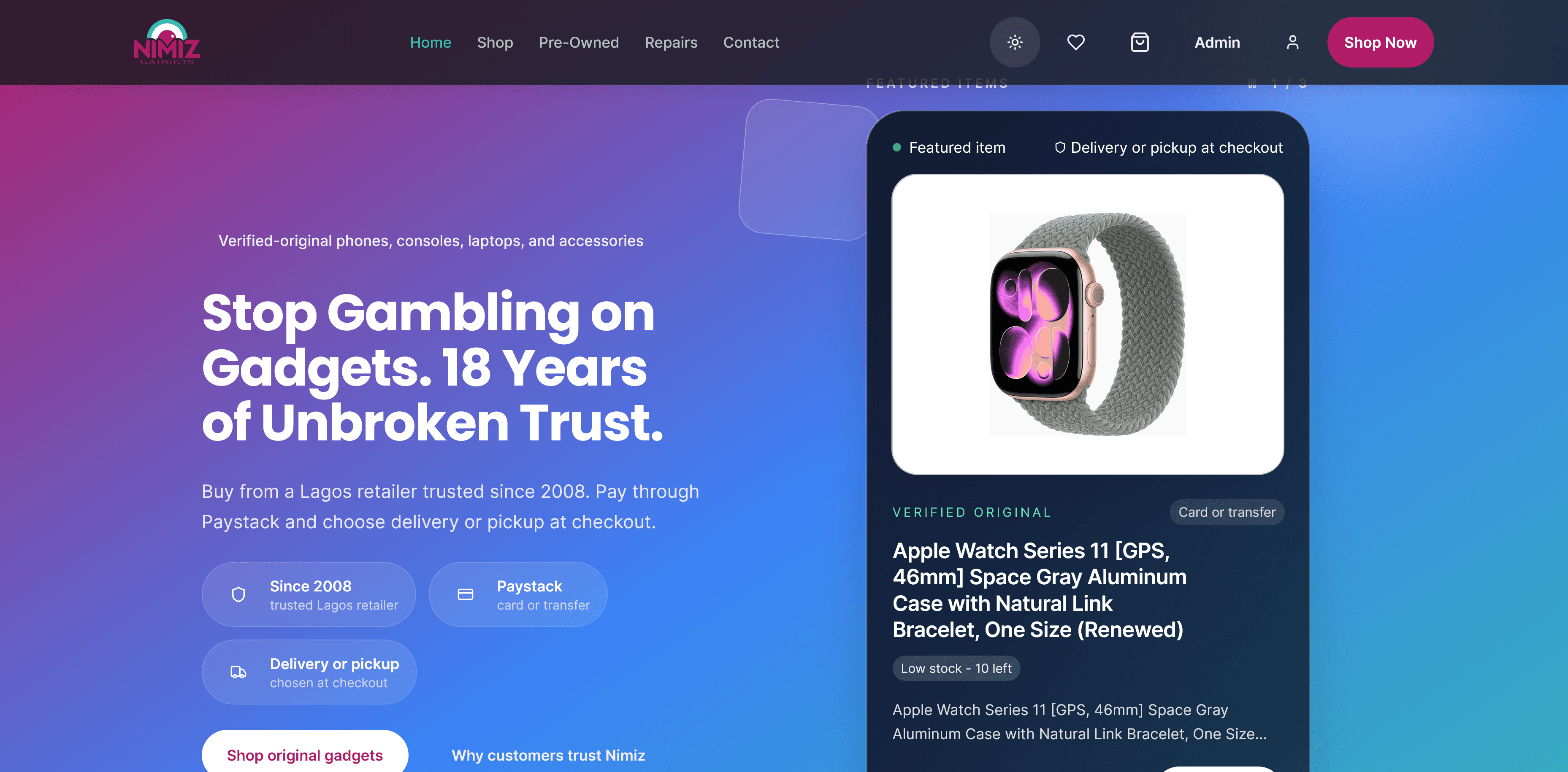 NimizGadgets storefront — product listing and checkout UI