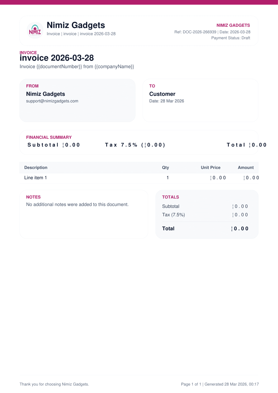 NimizGadgets invoice and handoff preview