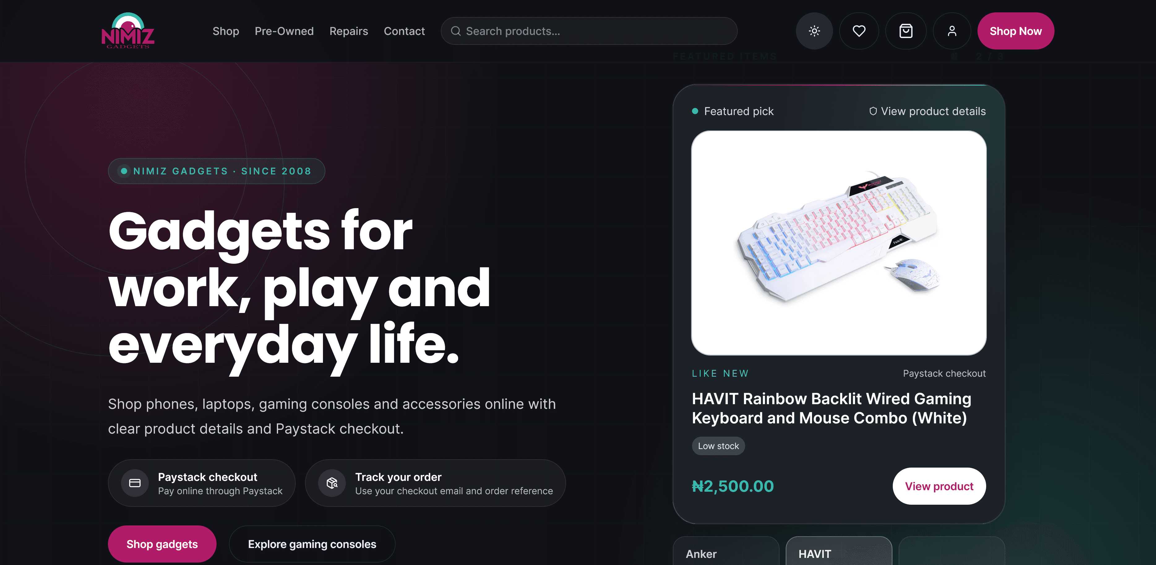 NimizGadgets storefront showing gadgets for work, play and everyday life, a featured gaming keyboard, Paystack checkout, and order tracking