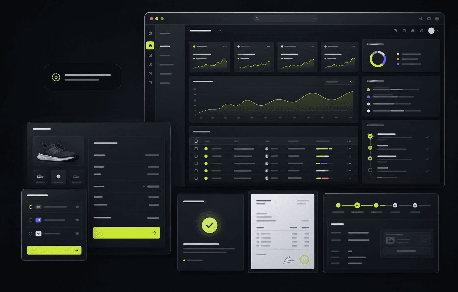 Premium web system interface showing checkout, admin operations, payment verification, and workflow status