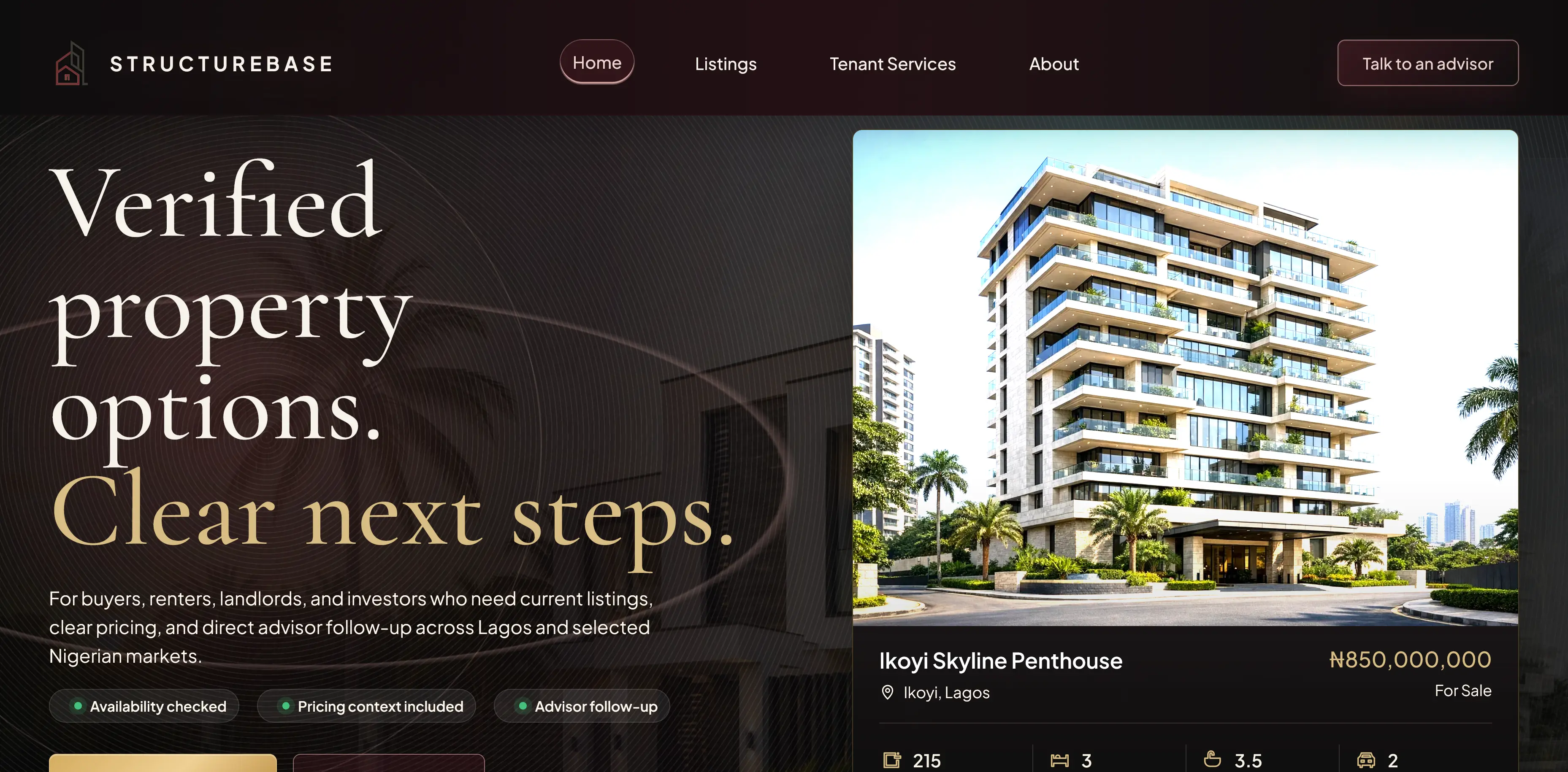 Structurebase property platform hero showing verified property options, pricing context, and advisor follow-up